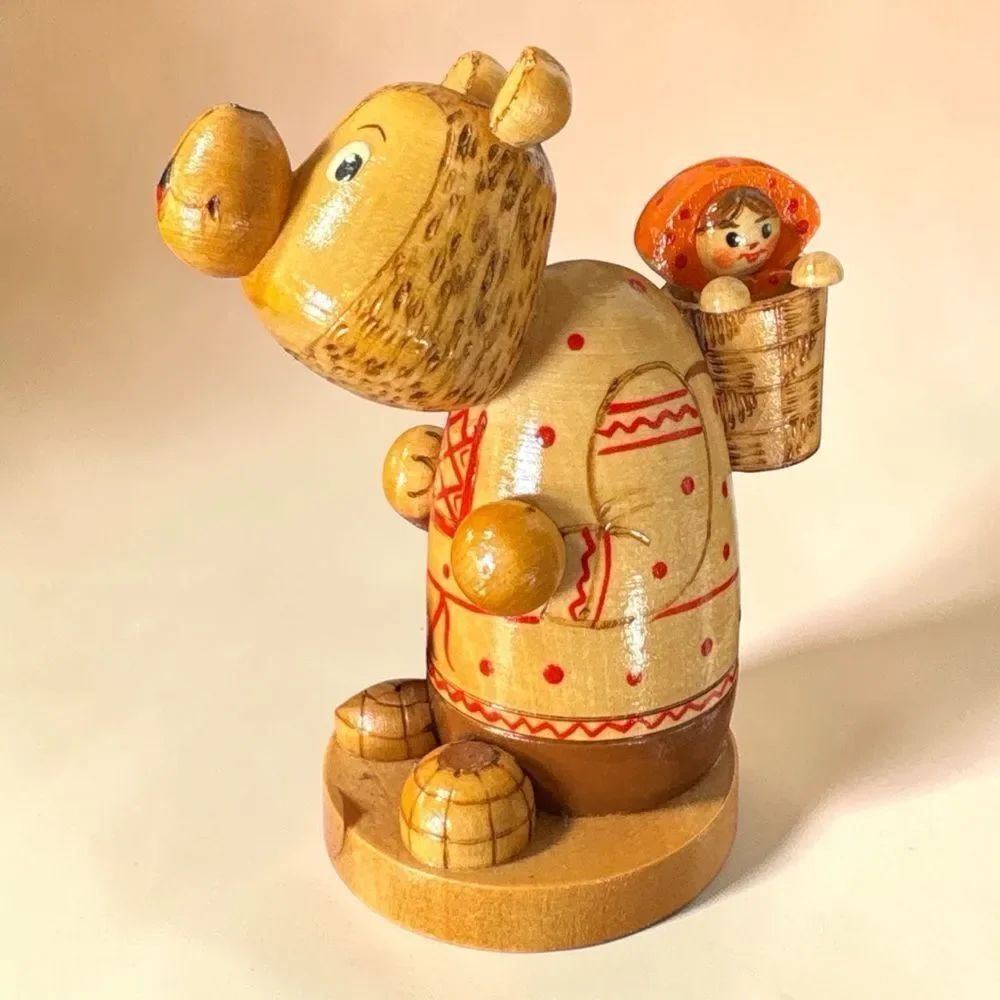 Vintage Wooden Bear Figurine w/ Child Toadstool Hat Eastern European Folk Art 5”